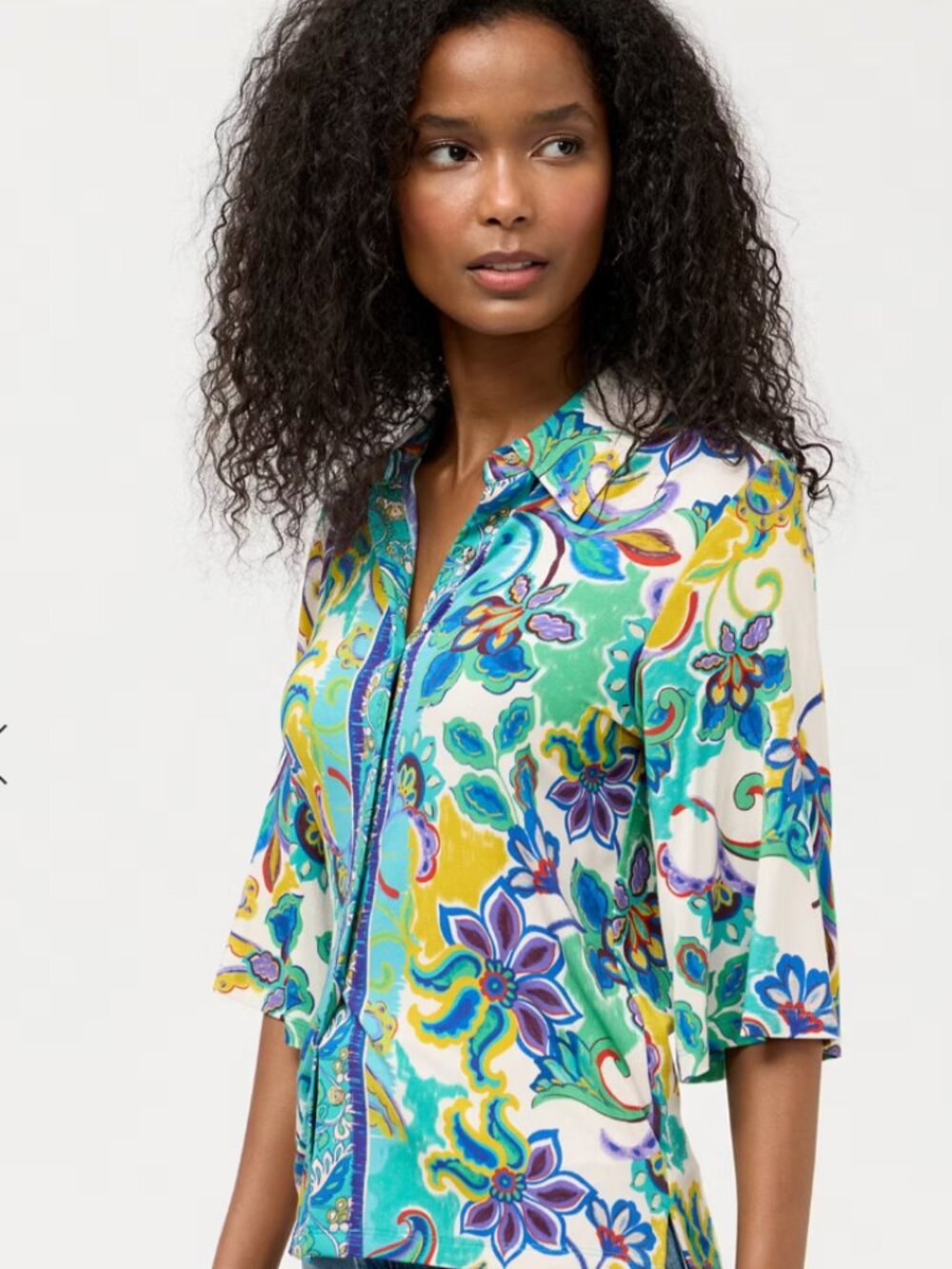 Johnny Was Janie Teal Floral Collar Shirt with Pink & Yellow Accents